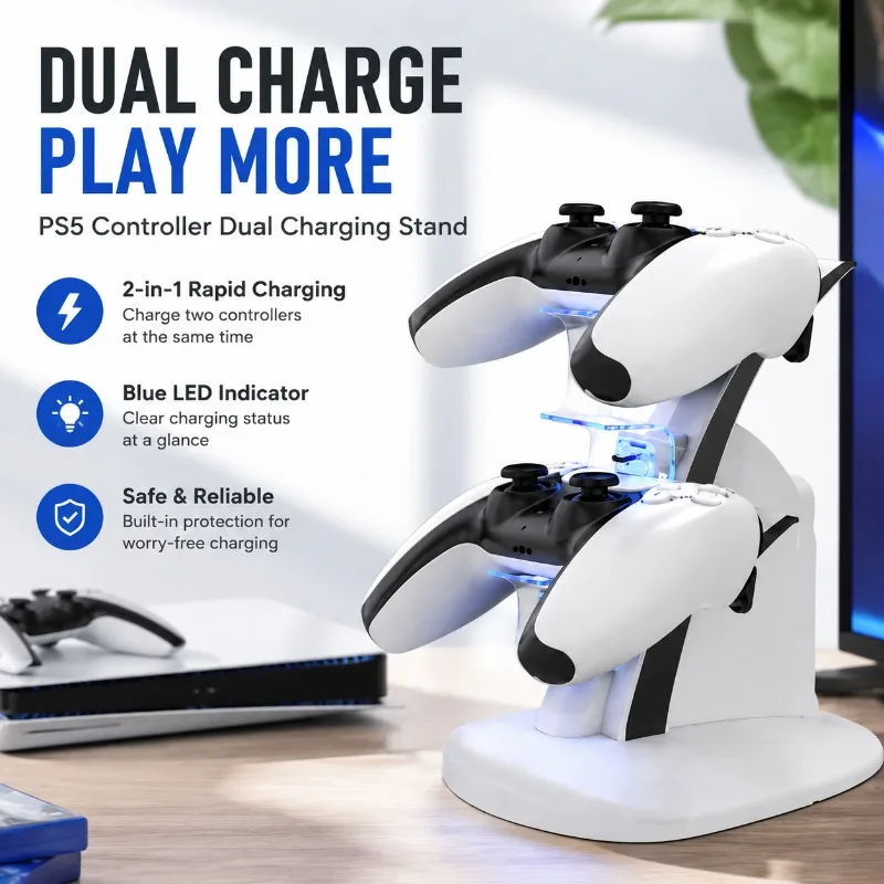 Dual Game Controller Charging Stand with Blue LED Indicator, 2-in-1 Rapid Contact Charging Dock for Ps5