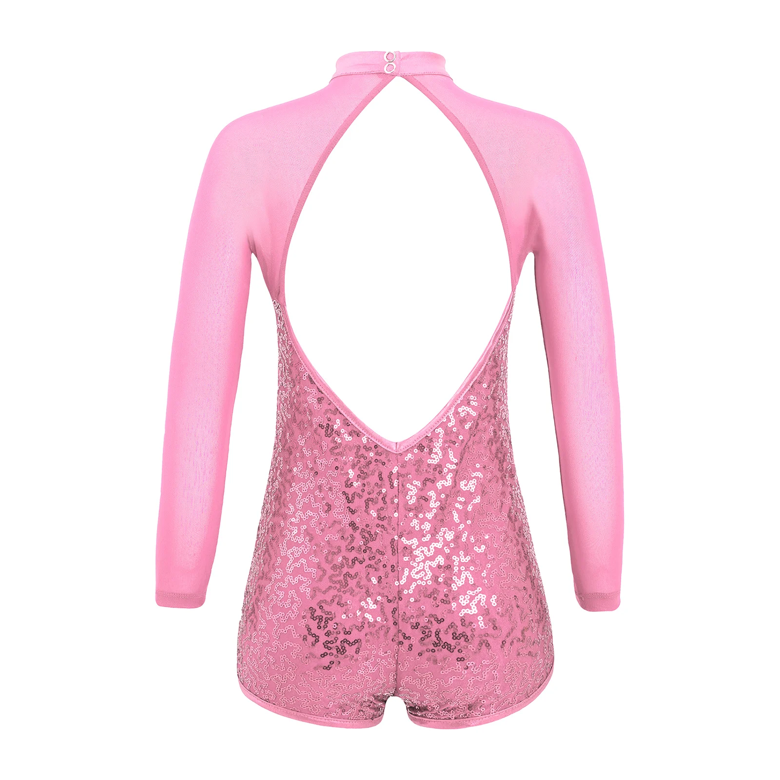 Kids Girls Sequins Ballet Dance Leotard Long Sleeves Gymnastics Hollow Front Backless Bodysuit for Stage Performance Costumes