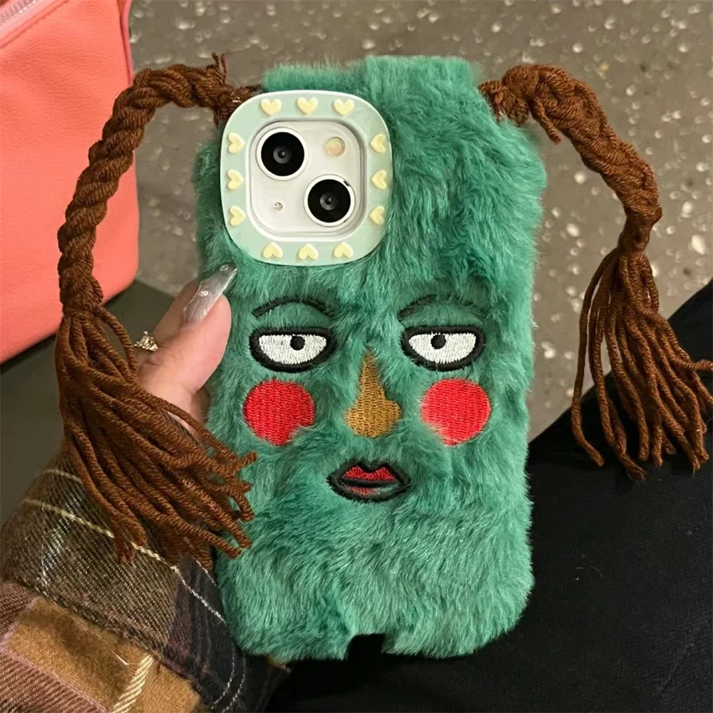 Korean Cute Funny Ugly Blush Face Fur Case For iPhone 15 14 13 12 Pro Max 11 Cartoon DIY Braids Plush Shockproof Soft Cover