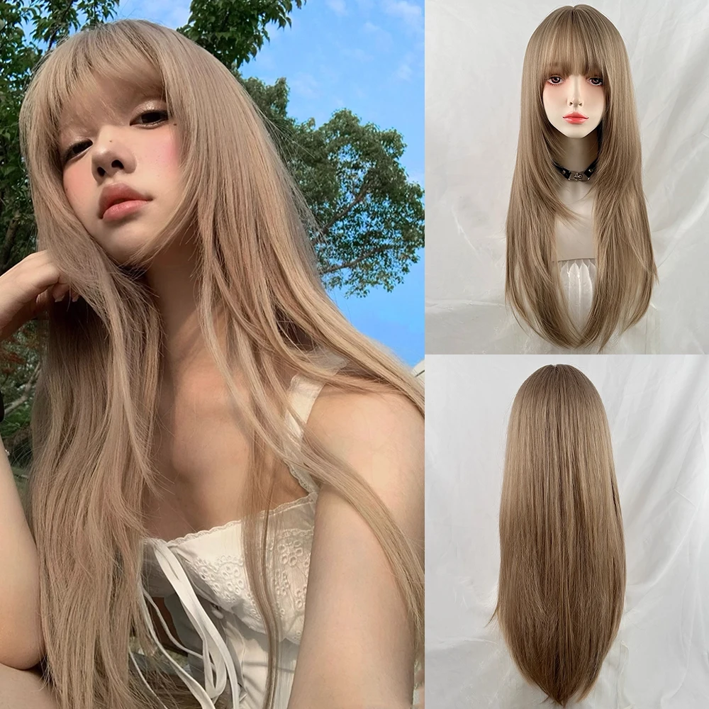

Long Straight Beige Grey Brown Synthetic Wigs with Bangs Lolita Cosplay Fluffy Women Wig Heat Resistant for Daily Party