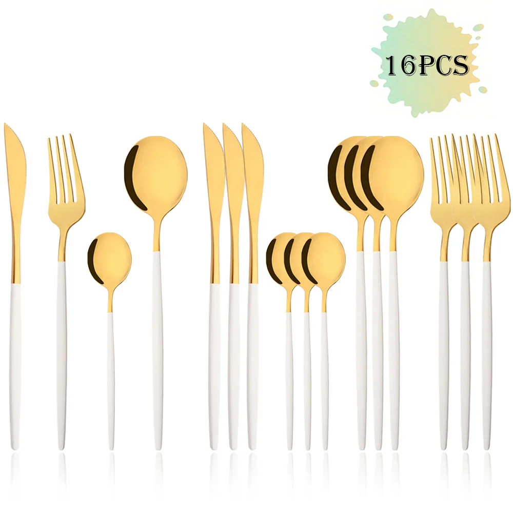 

16Pcs Dinnerware Set Stainless Steel Cutlery Set Kitchen White Gold Knife Fork Tea Spoon Dinner Set Flatware Tableware Set