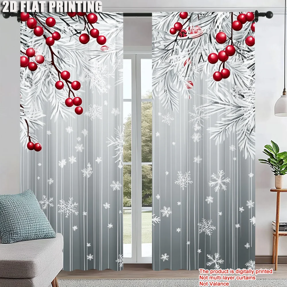 

2Pcs Christmas Snowflake And Red Berry Print Polyester Material Window Curtains Rod Pocket Design For Easy Hanging Perfect For