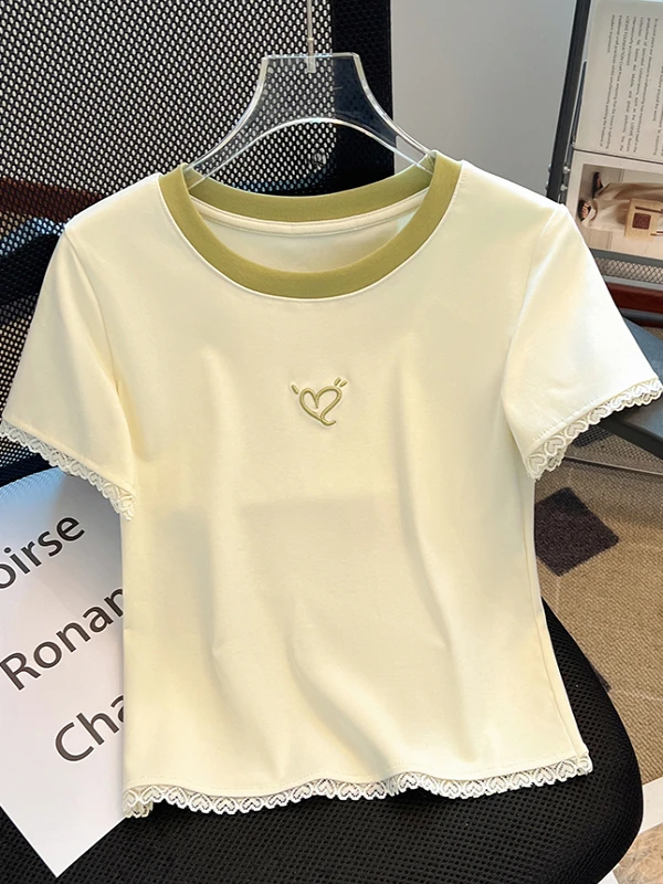 Short Sleeve T-Shirt Women Summer New Design Sensation Shoulder Lace Trim Small Shirt Small Size Top Cotton Breathable Material