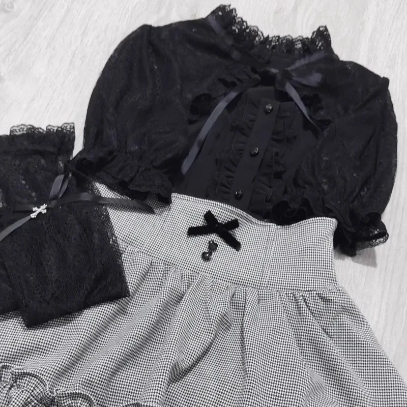 2025 Summer Lace Shawl Short-sleeved Shirt Japanese Rojita Style Blusas White Single-breasted Slim-fit Blouse Women's Clothing