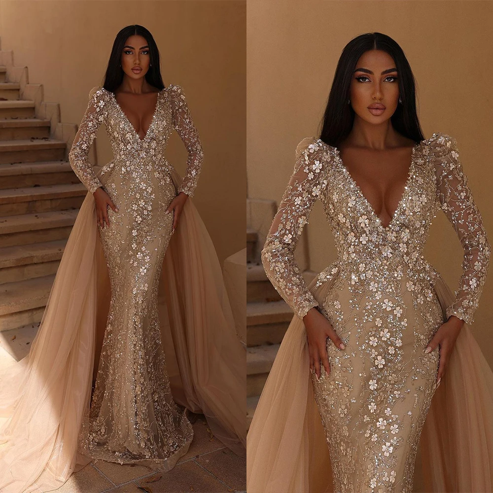 

Elegant Shine Mermaid Wedding Dress With Deep V-Neck Sexy Flower Applique Bridal Gowns Detachable Train Robes De Mariée Hot Sale