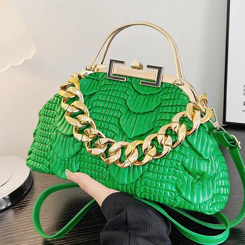 2023 Luxury Women Pink Green Pleat Shoulder Bags Gold Thick Chain Messenger Bags Totes PU Leather Handbags Lady Evening Clutch