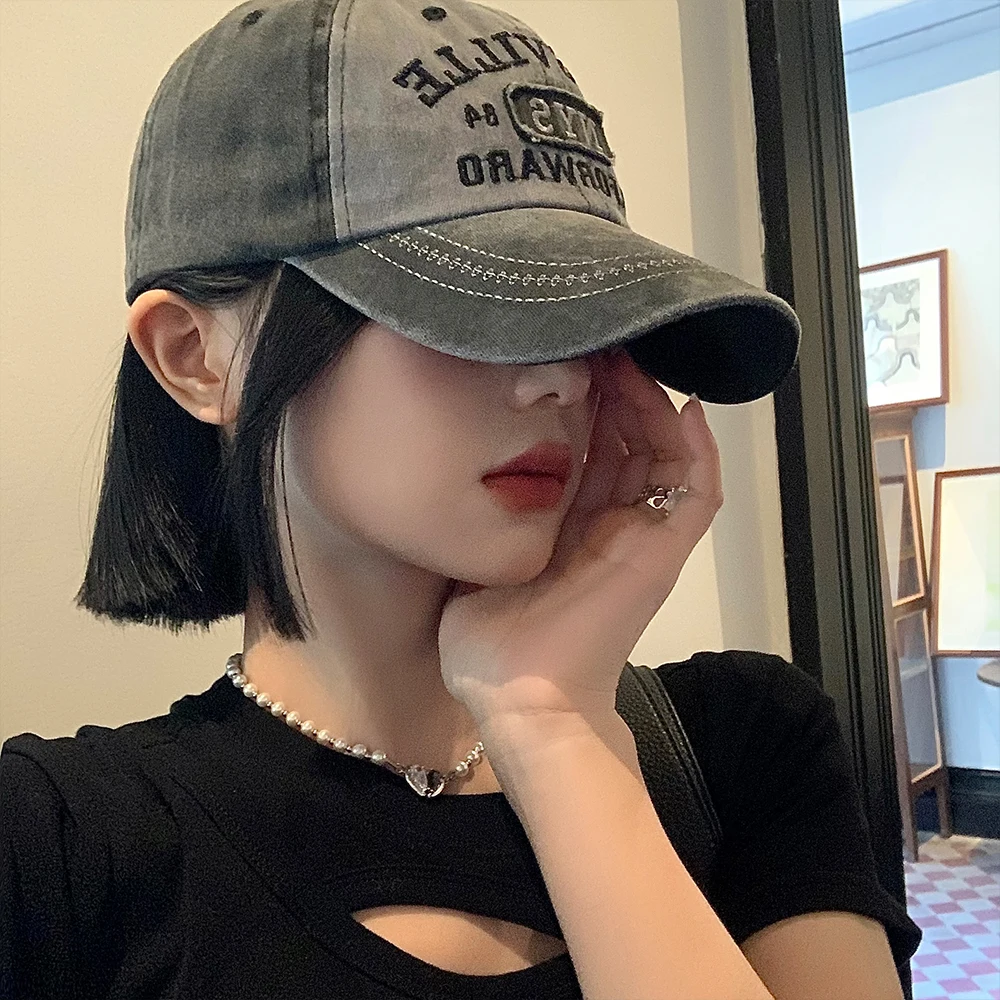 American Retro Baseball Hat Women\'s Soft Top Letter Washed Cowboy Duck Tongue Hat Wide Brim Big Head Surrounding Face Small Hat