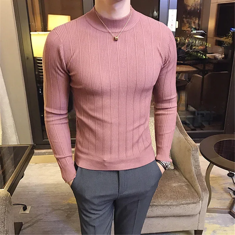 Autumn Winter Men's Sweater Fashion Half Turtleneck Stripe Slim Fit Pullover Korean Elastic Knitting Solid Tight Sweater 4XL-S