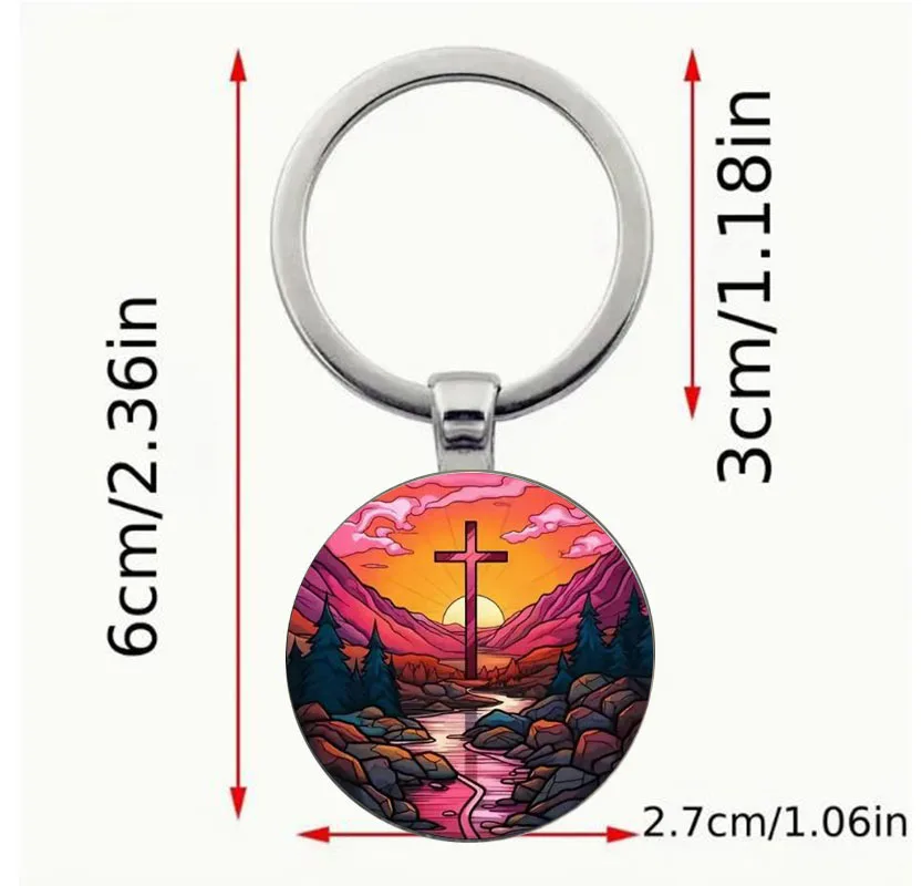 Men's keychain, Time Stone Round Glass Colored Pattern Pendant Keychain