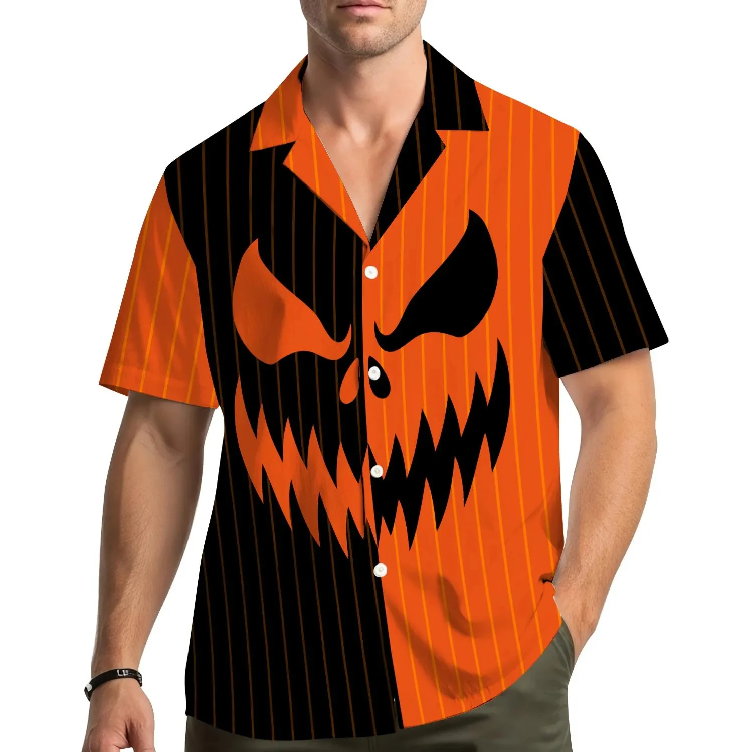 

Гавайская рубашка с тыквенным лицом на Хэллоуин для мужчин и женщин, молодежная, рубашка на пуговицах с жутким фонарем, страшная пляжная рубашка с тыквой