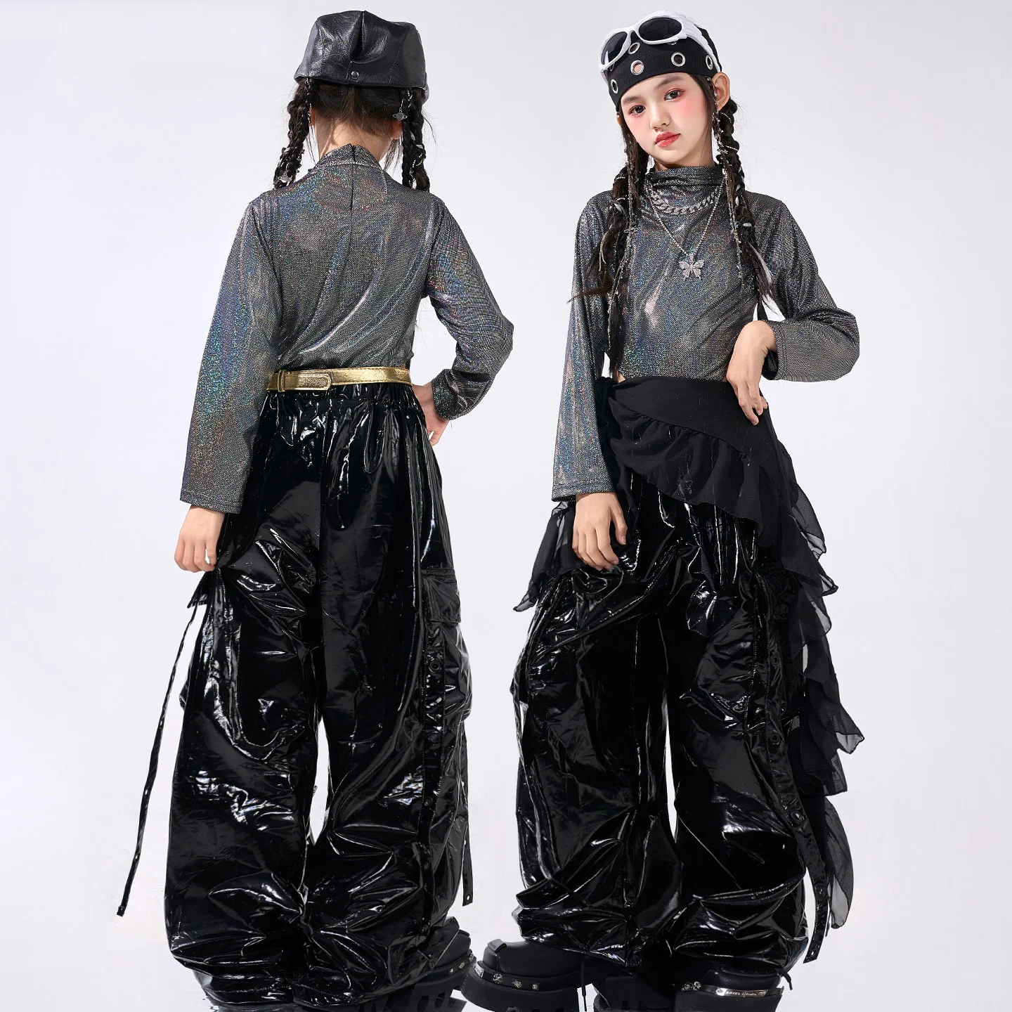 2025 Mädchen Kpop Bühnenoutfits Glänzender Nabel Tops Leder Hip Hop Hosen Jazz Dance Performance Wettbewerb Kleidung Anzug BL17260