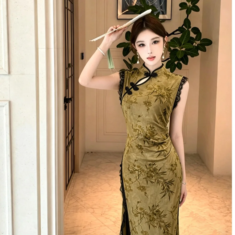 Slimming Ice Silk Velveted Sleeveless Stand Collar Dress Elegant High Waist A-Line Long Skirt Vintage New Summer Fashion