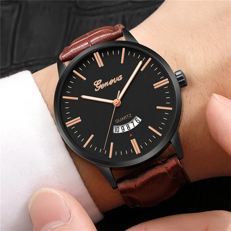 

GENEVA Top Brand Men's Watches Fashion Metal Case Quartz Wrist Watch Leather Watchband Causal Business Mens Watch reloj hombre