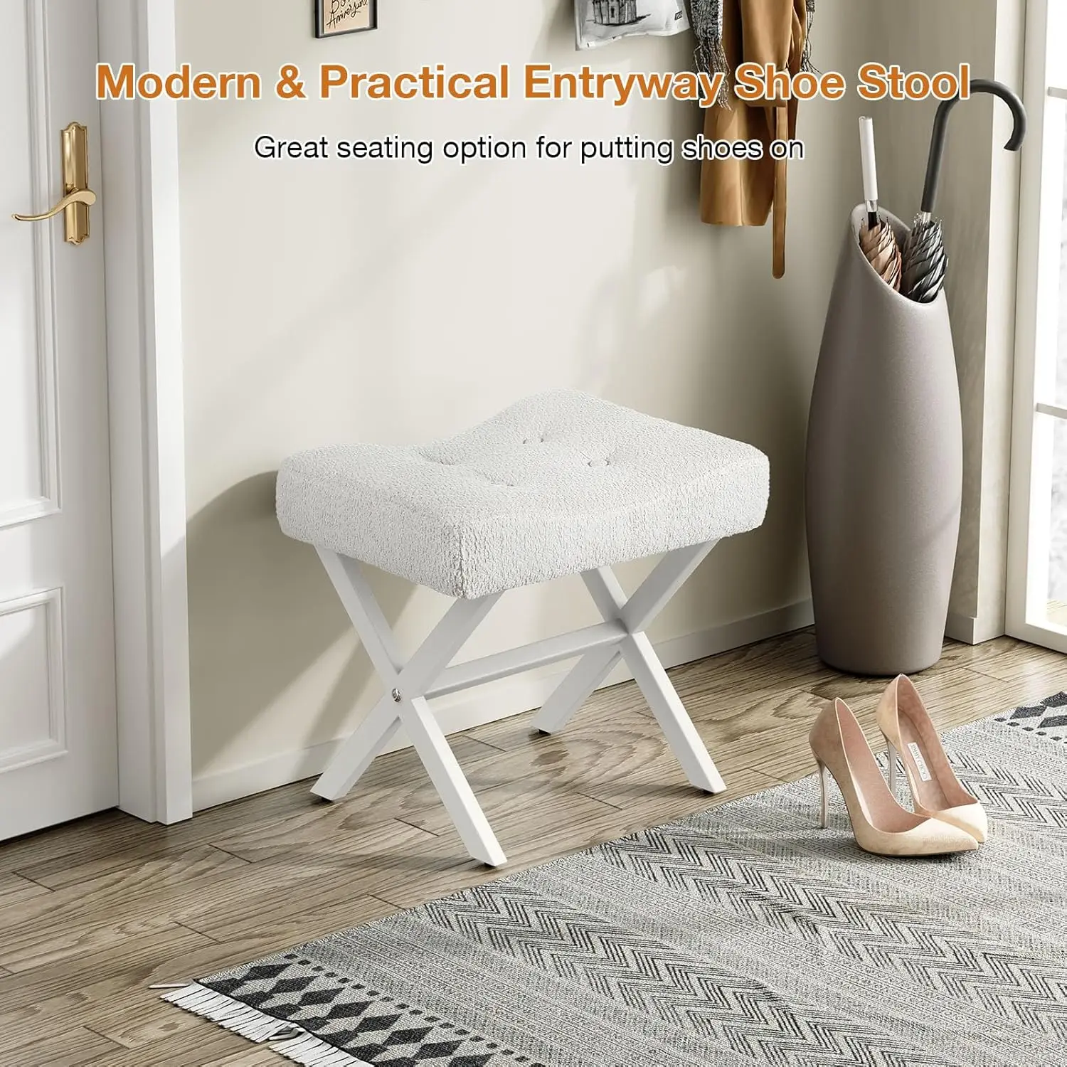 Banco grande de vaidade de 18 polegadas com pernas em X de metal, assento de tecido macio Boucle em branco