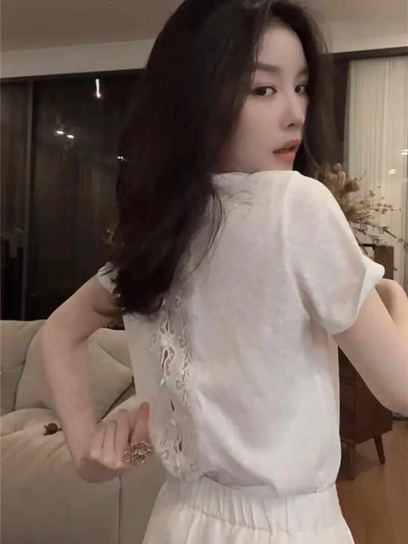 Lace Back Splice Short Sleeve T-Shirt Women's Summer New Style Casual Design Versatile Loose Slimming Top Comfortable Breathable