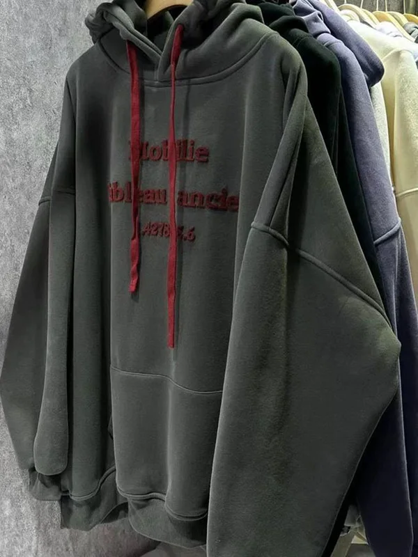 

Женская толстовка оверсайз больших размеров с вышитыми буквами, в японском уличном стиле, удобная повседневная модель с длинными рукавами