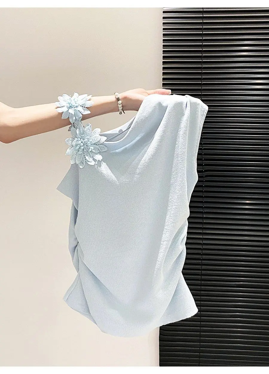 French Style Three-dimensional Flower Slanted Collar Off Shoulder Vest For Women's Summer New Slimming Sleeveless Camisole Top