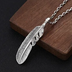 S925 Sterling  Jewelry Vintage Thai Silver Men's and Women's Korean Fashion Personalized Feather Necklace Trend Pendant