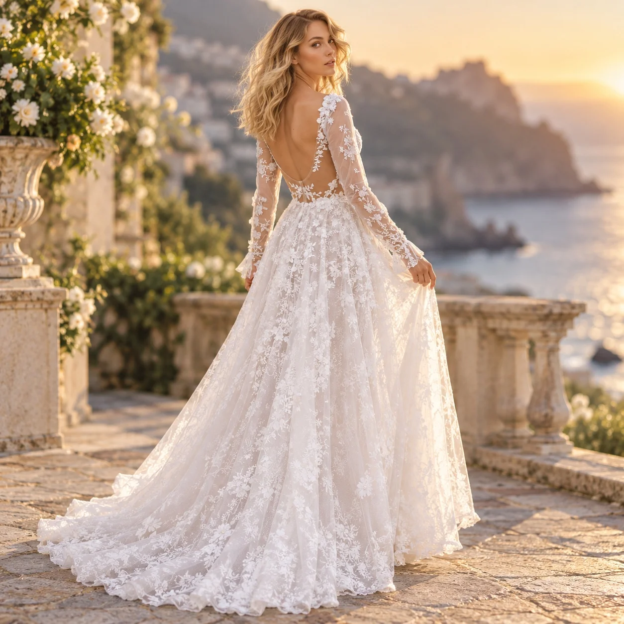 Mid Waist Long Sleeve Gown Elegant with Maxi Length Regular Sleeve Beaded Hollow Out Long Dress Deep V Neck Beach for Women