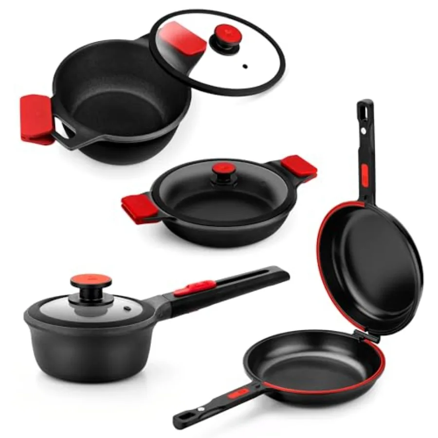 Juego de Utensilios de Cocina Antiadherentes COOKWARE Premiere Infinity de 8 Piezas, Juego de Ollas y Sartenes de Aluminio Fundido con 1 Sartén Doble, 1 Olla, 1 Sartén para Saltear, 1 Sartén para Salsas