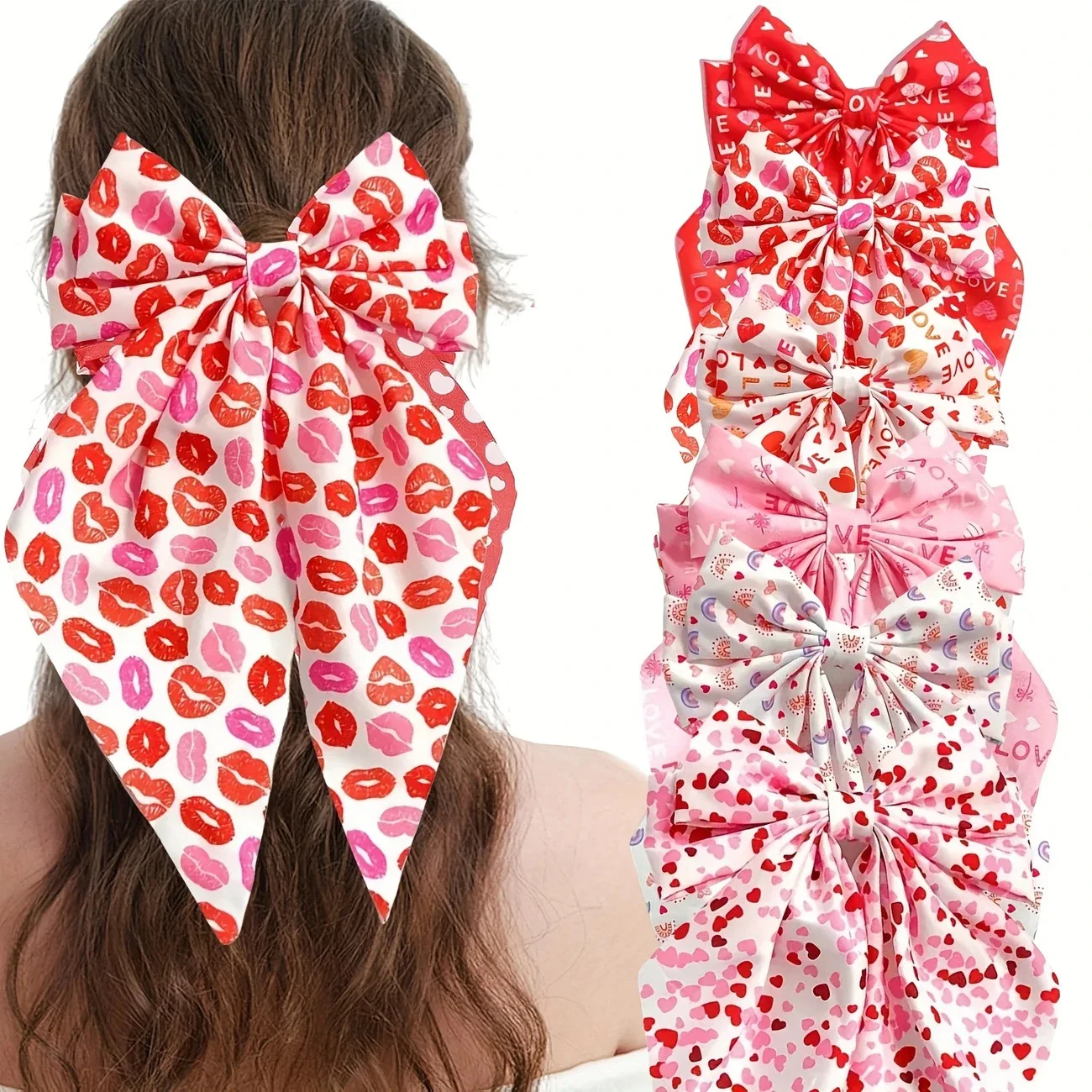 Double Layer Bow Spring Hair Clip Love Heart Red Lip Printed Ponytail Clip Valentine's Day Hair Styling Accessories Wholesale