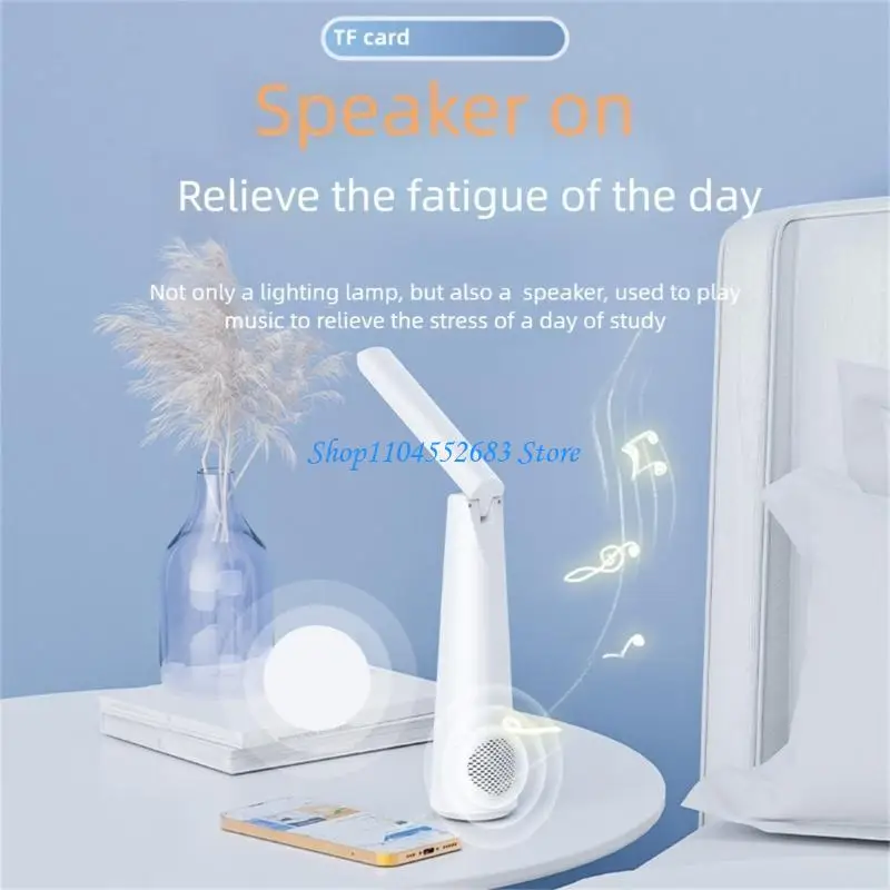 Y6GD Small Desk Lamp with Clock Alarm & Speaker Rechargeable LED Bedside Light Eye Desk Lamp Folding Reading Light