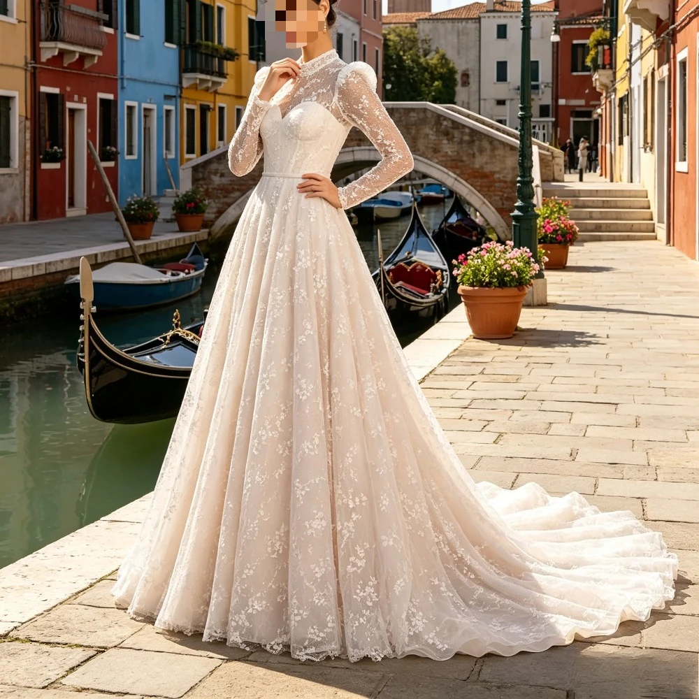 Customized High Neck Lace Long Sleeved Wedding Dress 2026 Sheer Fluffy Shoulder A-line Bridal Gown Suitable for Luxury Parties
