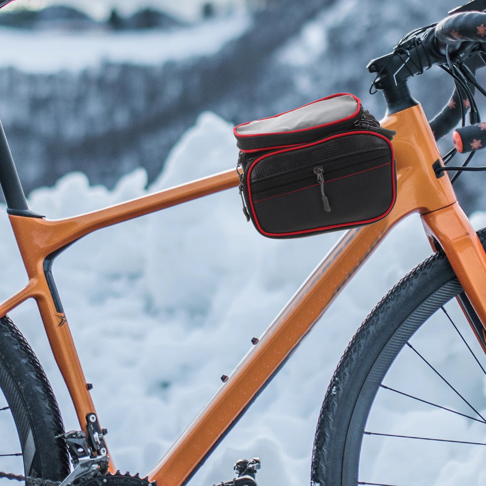 

Waterproof Mountain Bike Phone Bag Red Front Beam Bag Bicycle Handlebar Storage Pouch with Earphone Hole Long Ride Zipper