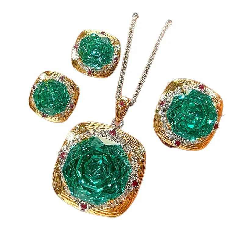Vintage Jewelry Cross-Border Best-Selling Square Pendant Set With Gold-Plated Base Synthetic Emrald For Women Mother's Day Gift