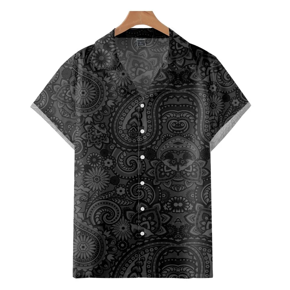 

Hot Sale Men's Cuban Black Shirt Totem Pattern Vintage Summer Hawaii Short Sleeve Chemise Homme Plus Size