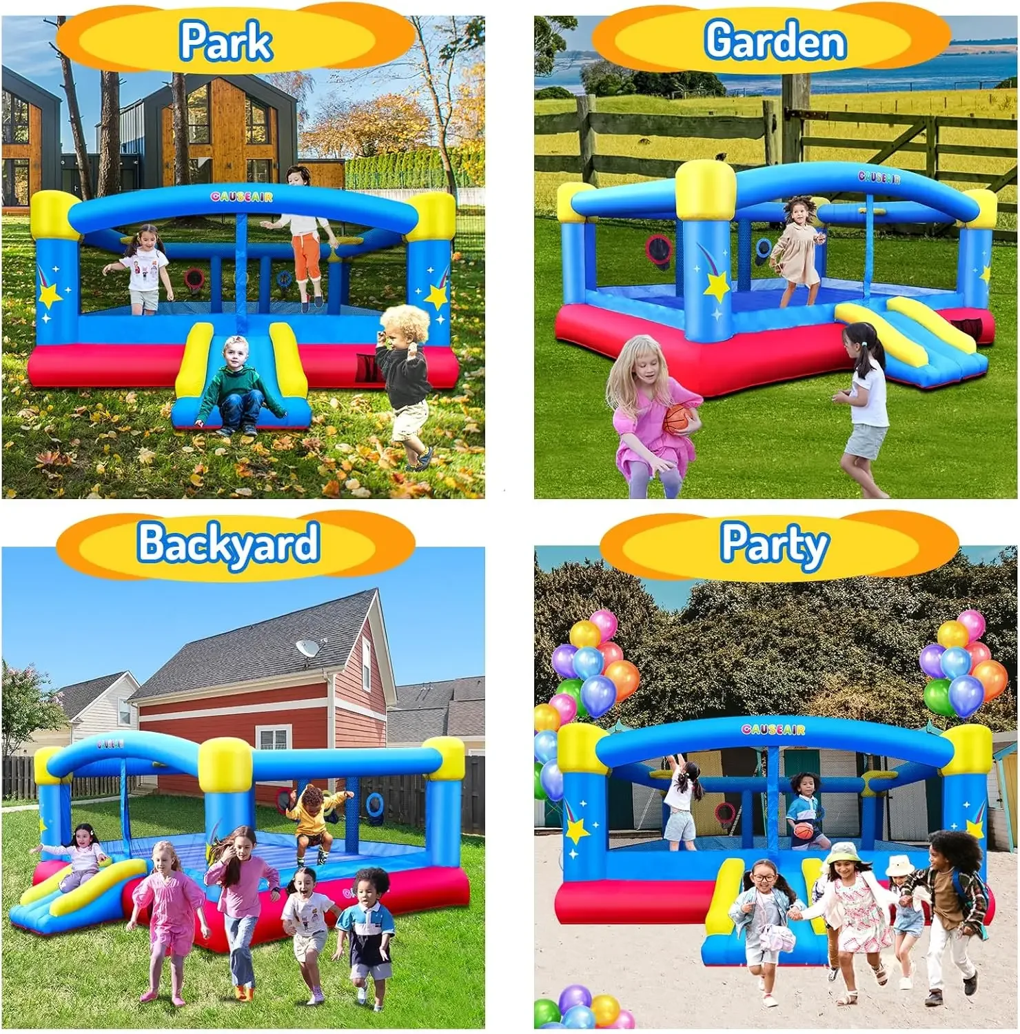 Creativity Inflatable Bounce House with GFCI Blower,15ft x 14.8ft,Double Basketball Hoop,Throw Ball Game