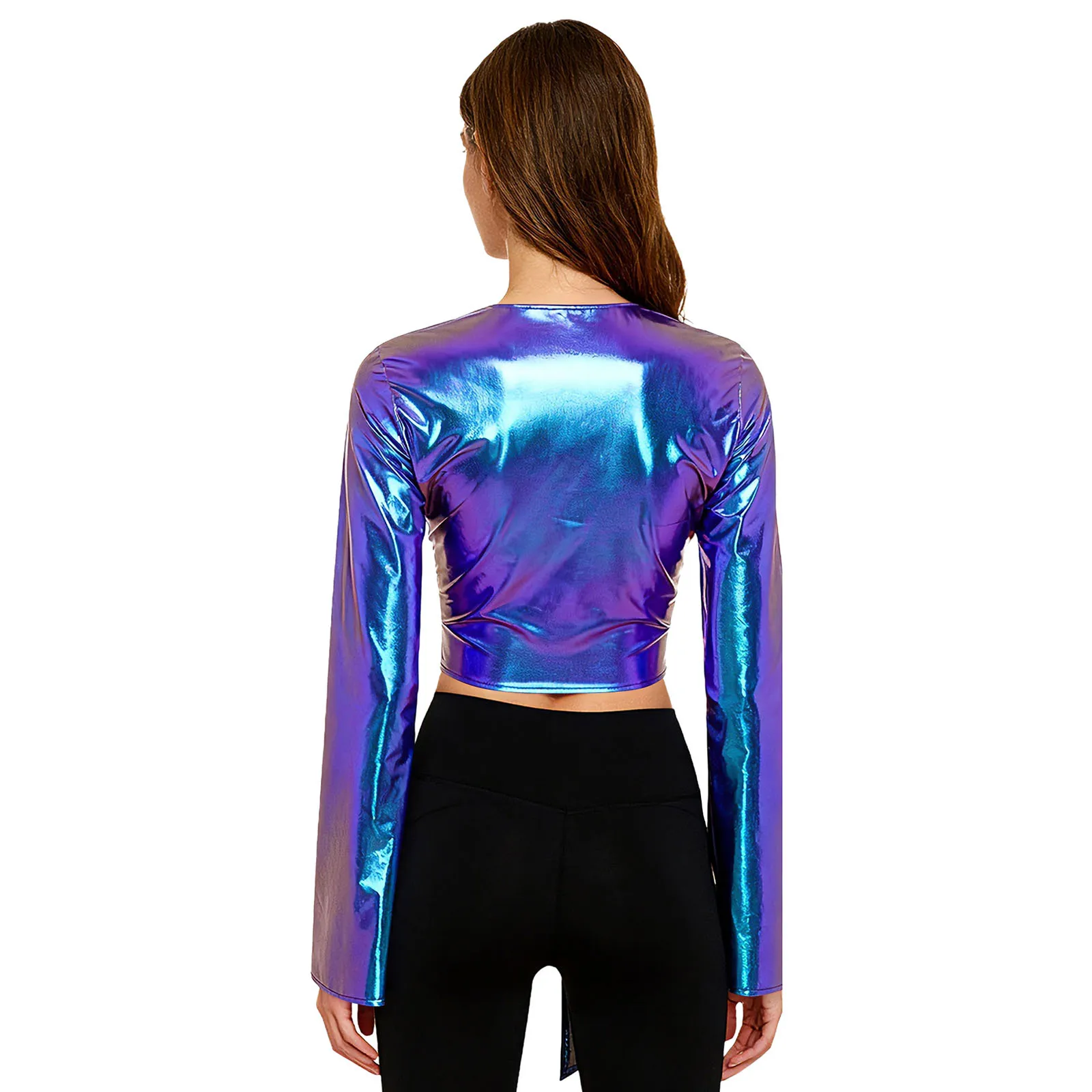 ملابس علوية نسائية عصرية برباط علوي ملفوف معدني ملابس حفلات الكرنفال وأكمام طويلة متوهجة غطاء علوي قصير لليوجا والتمارين والرقص #3