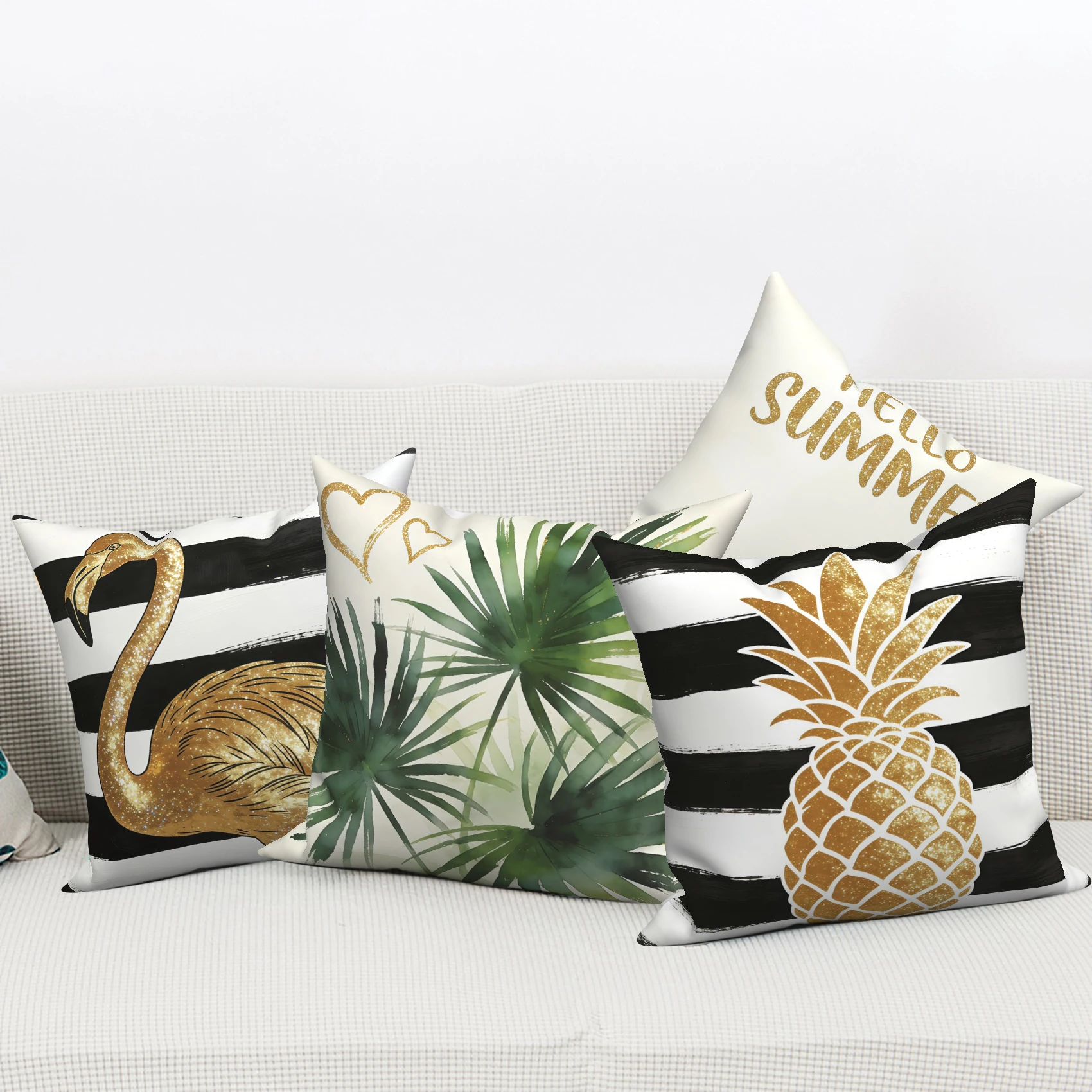 Gold Flamingo Pineapple Pillow Covers 4 Pack, Summer Tropical Pillowcases, Polyester Linen Fabric for Bedroom Living Room Deocr