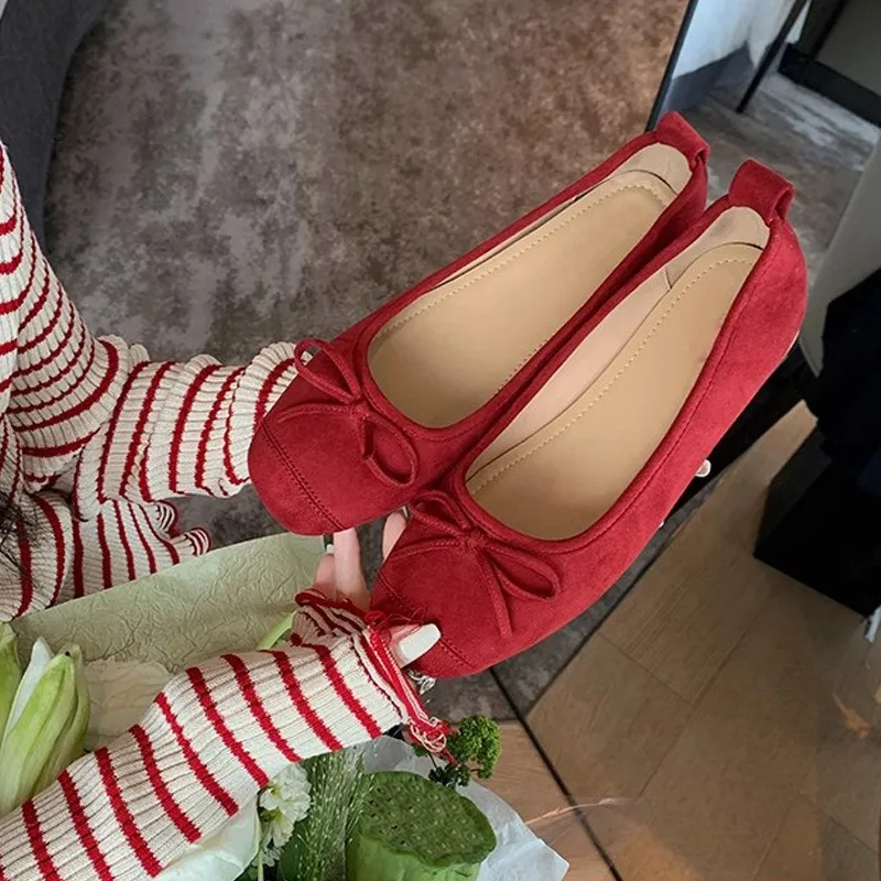 Zapatos planos de fiesta para mujer, calzado de ante suave con punta redonda y lazo cuadrado, estilo Ballet, color rojo, de cuatro estaciones