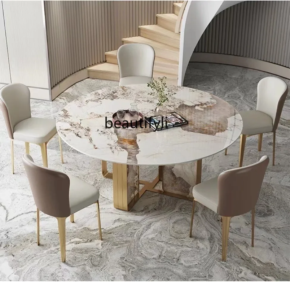 

Italian round table simple household stainless steel rock slab with turntable dining table modern pole5236