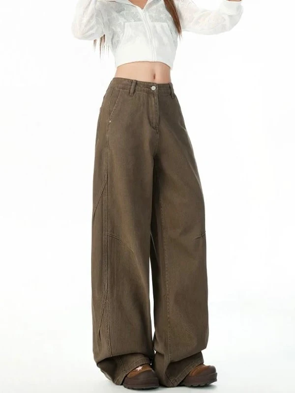 

Коричневые джинсы с высокой талией и широкими штанинами, женские осенние брюки в американском стиле ретро, новые свободные утягивающие прямые брюки Fce