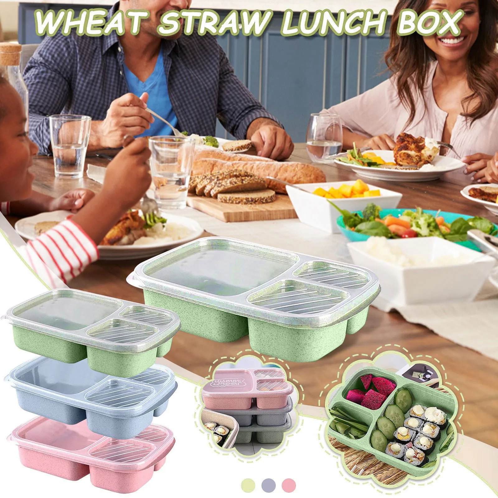 Reusable Bento Box Meal Storage Food Prep Lunch Box 3 Compartment Divided Food Containers Home Lunchbox