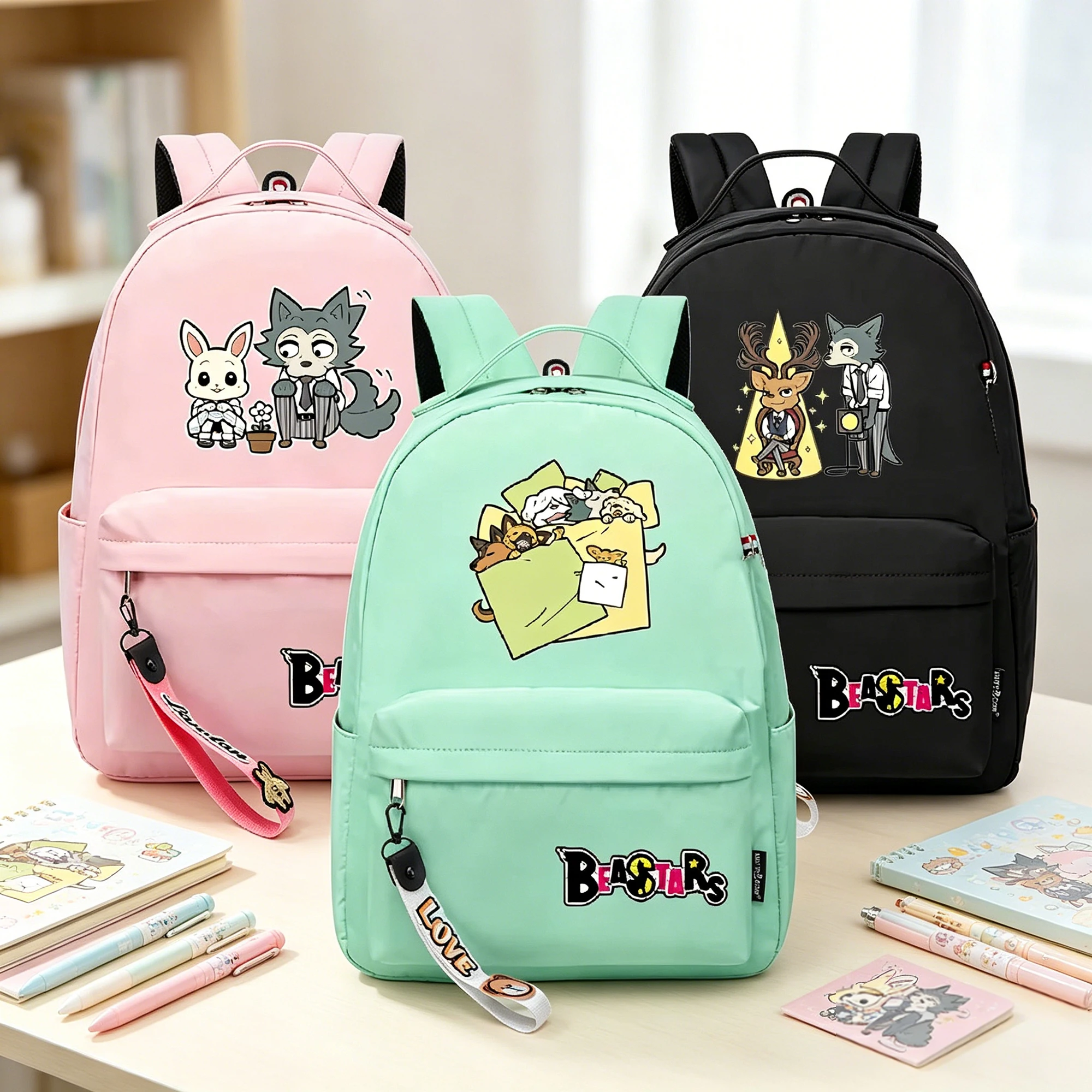 BEASTARS Cute Animals Backpack Kawaii Nylon School Bag Women Candy Color Laptop Daypack Rabbits Wolf Pattern Travel Bookbag