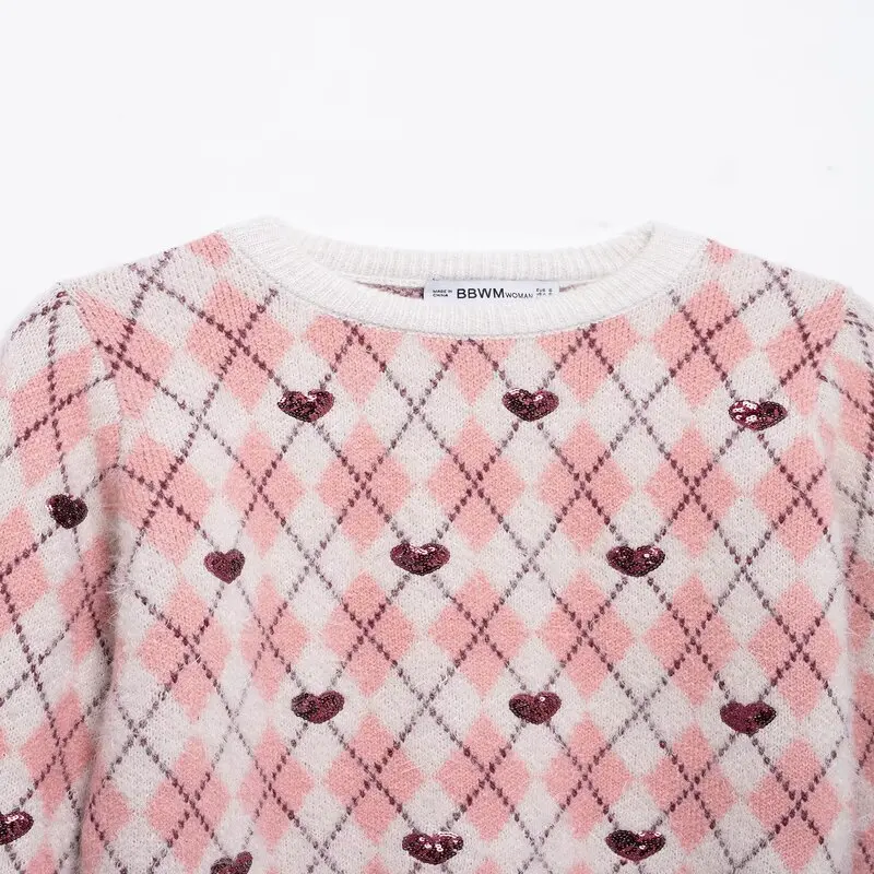 

Spring 2025 New Women's Knitted Sweater round Ne Long Sve Heart Pattern Embroidery Sweet Sle Regular Length Overhead