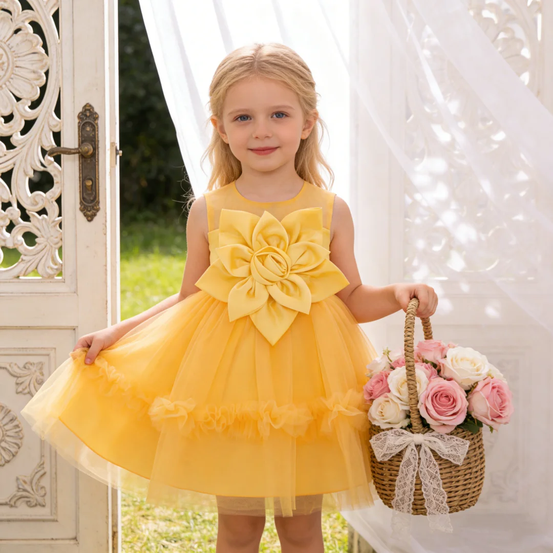Baby Girls Summer Floral Green Tutu Dresses Kids Big Flower Wedding Party Dress Girl Fancy Birthday Baptism Clothes Princes Gown