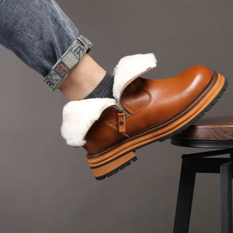 

YETTIES Men's Genuine Leather Snow Boots, Wool Lined Outdoor Winter Boots, Chunky Sole Slip-On Ankle Boots for Men