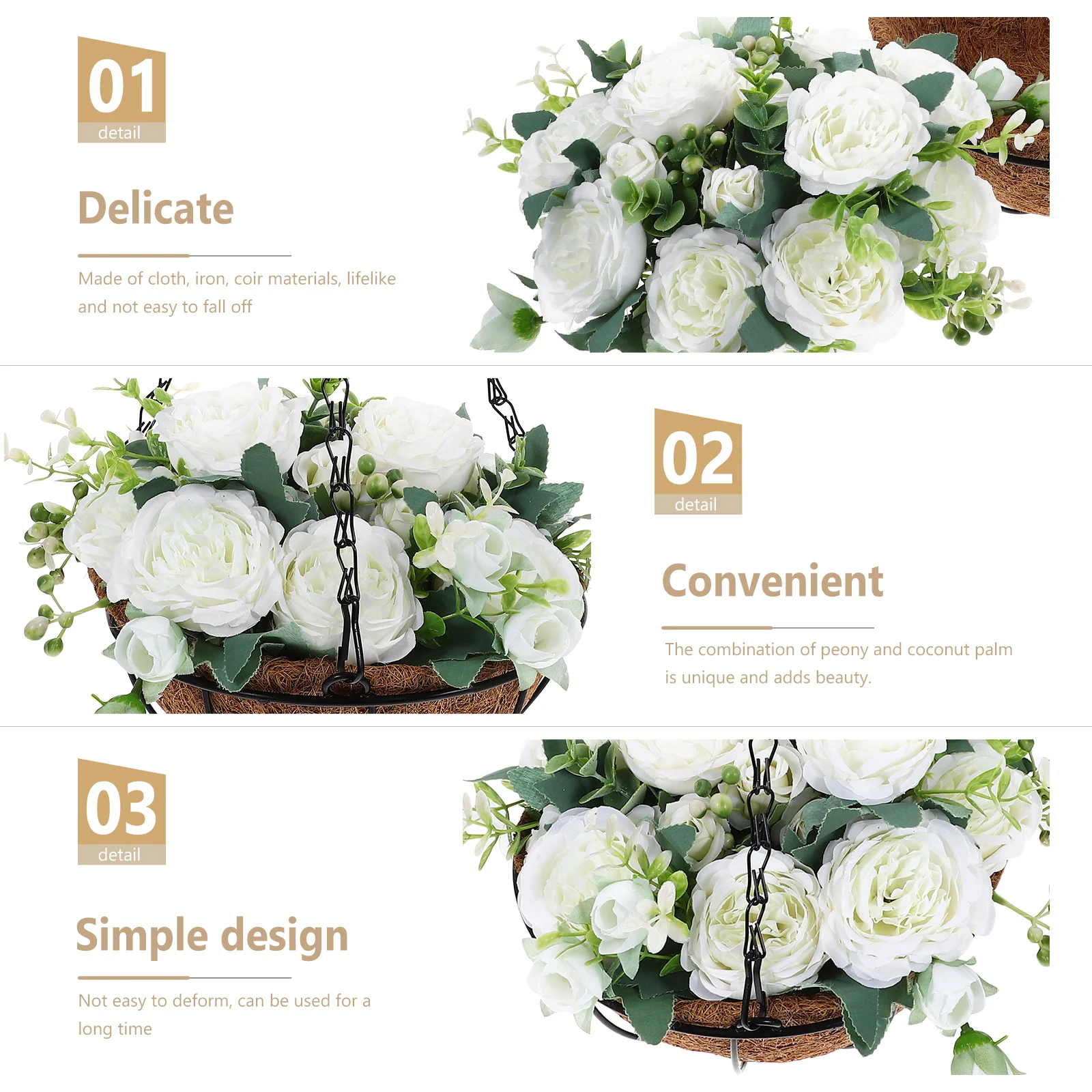 

1pc Artificial Basket With Peony Coconut Palm Design For Indoor Outdoor Decor, Lifelike Fake Flower Hanging Plant, Lightweight