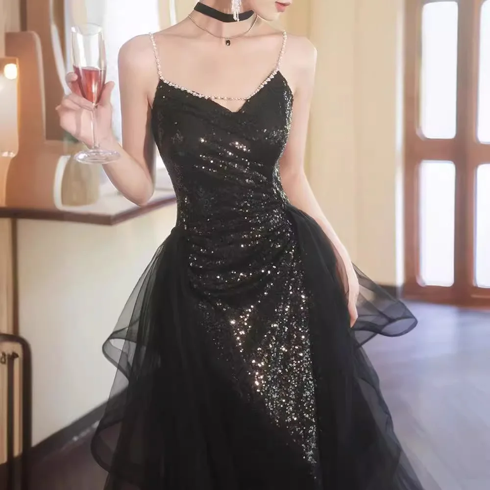 Black banquet evening dress for women new temperament dinner dress