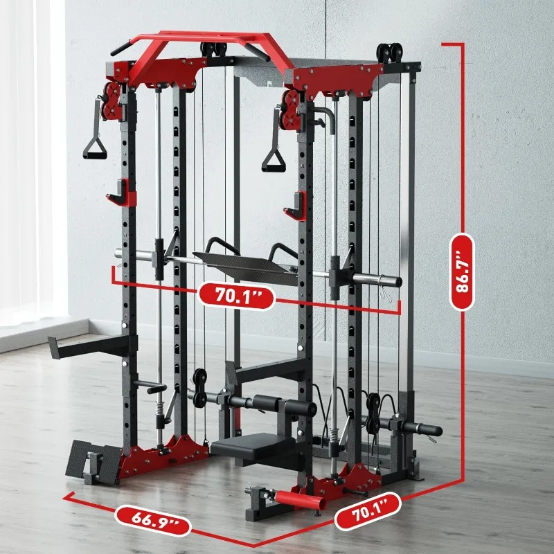 เครื่อง Smith สําหรับโฮมยิม, Power Rack พร้อม Cable Crossover, Squat Rack พร้อมขากดและ Advanced LAT Pull-Down, 2000LB