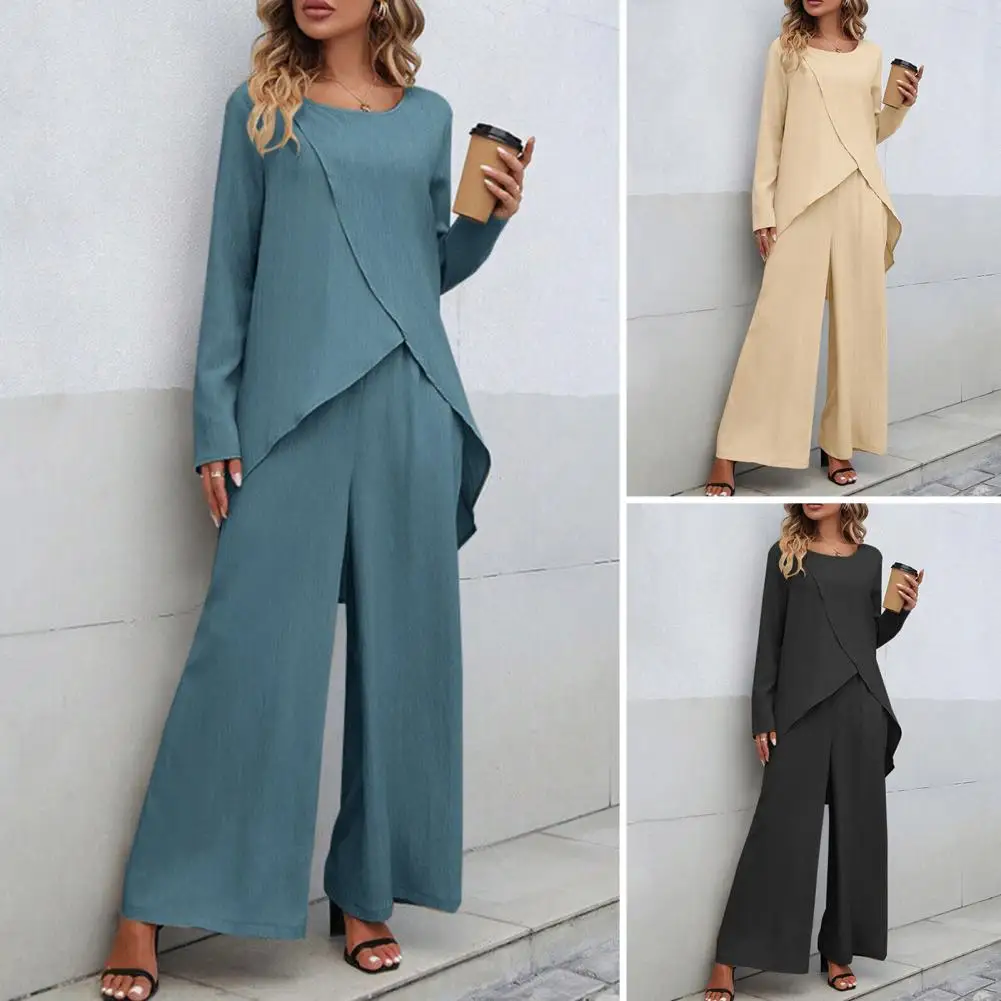 Conjunto de calças largas femininas, roupa monocromática, blusa de bainha irregular, calças de perna larga, chique, deslocamento, 2 peças