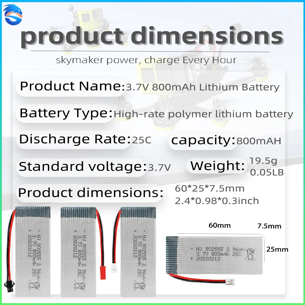 skymaker 3.7V 800mAh High-Rate LiPo Battery(802555) 25C for U818A H37 Quadcopter RC Drone High Rate Model Battery