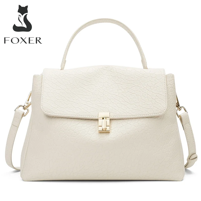 FOXER Female Lychee Pattern Tote High Quality Shoulder Crossbody Bag Lady Fashion Flap Messenger Bag Women Split Leather Handbag