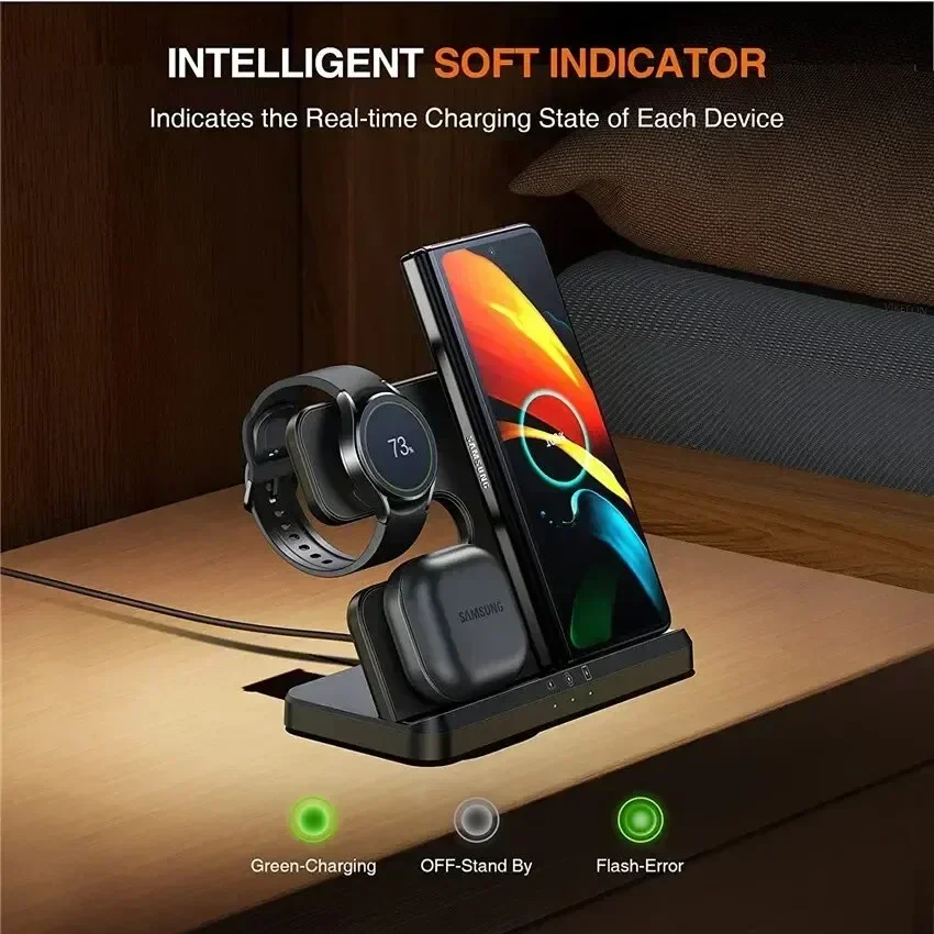 حامل شاحن لاسلكي سريع ، محطة شحن لسامسونج S22 S21 S20 Fold 4 Galaxy Watch 5 Pro 4 3 Active 2 1 Buds ، 3 in 1