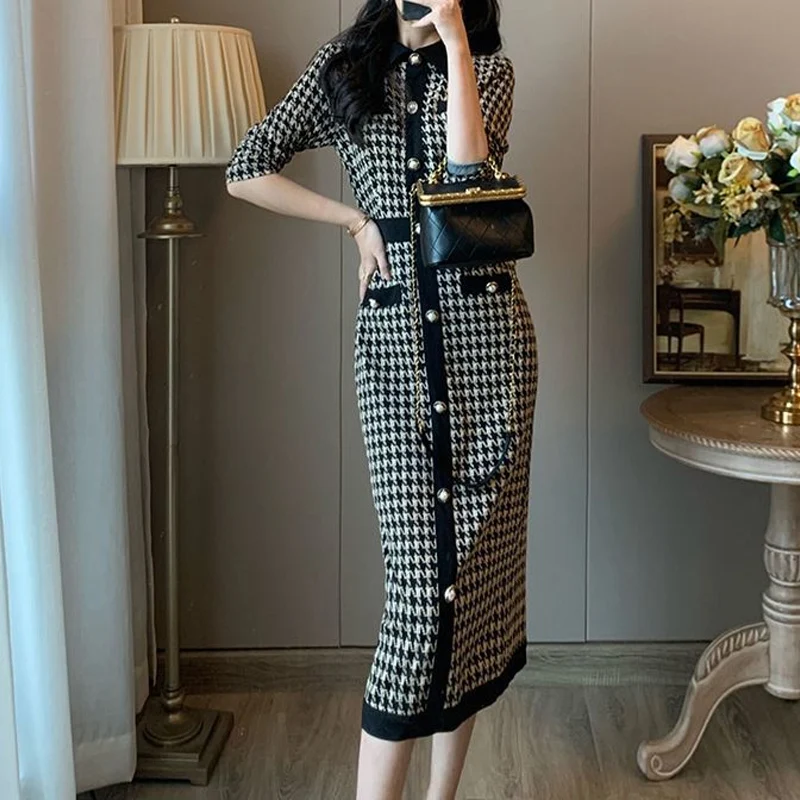 Spring Autumn New Slim Knitting Midi Dress Women High Street Long Sleeve Button Dresses Elegant Plaid Printing Chic Vestidos