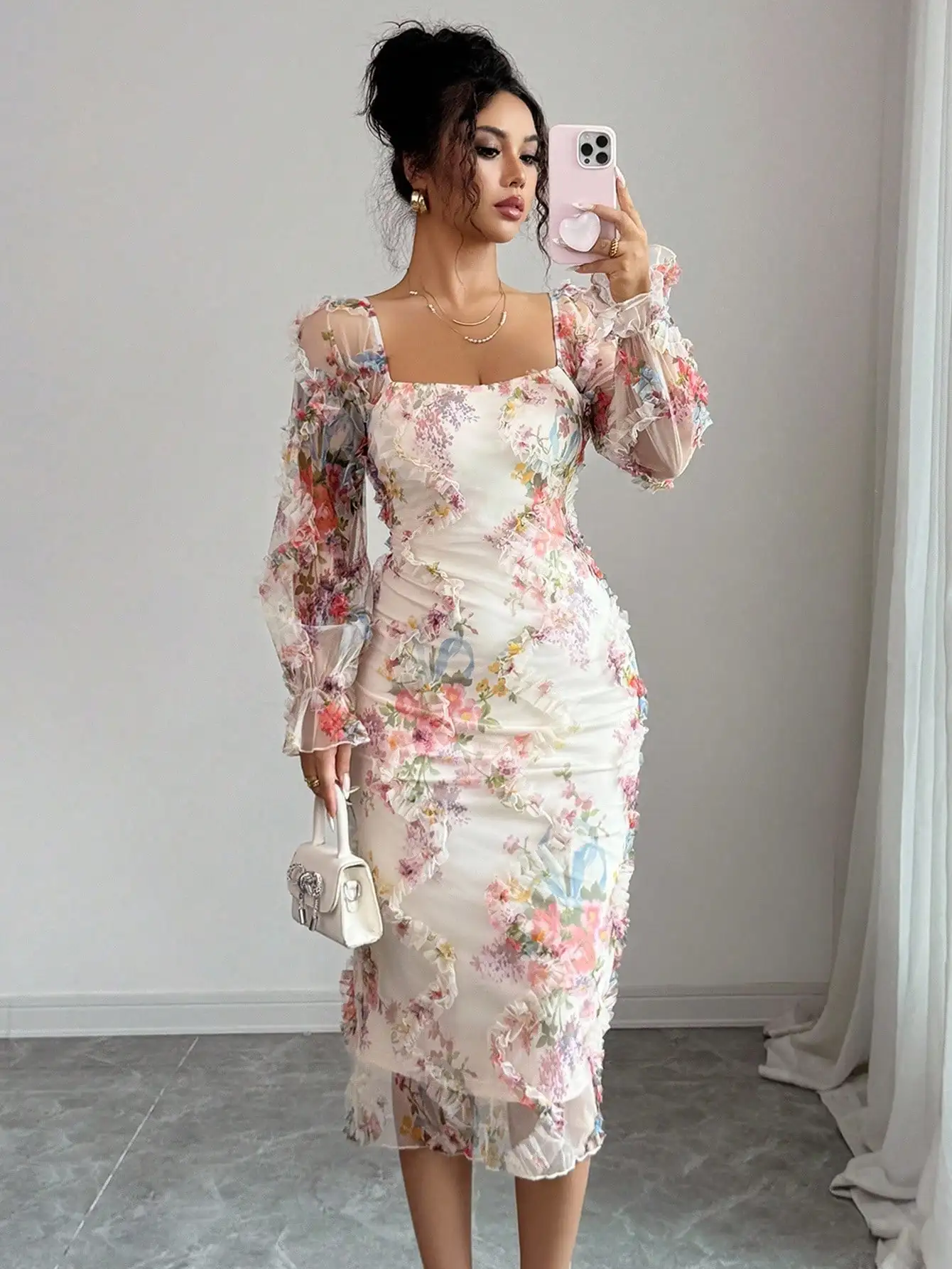 

Women's Floral Print Ruffle Sleeve Cinched Waist Midi Dress with Sheer Mesh Overlay
